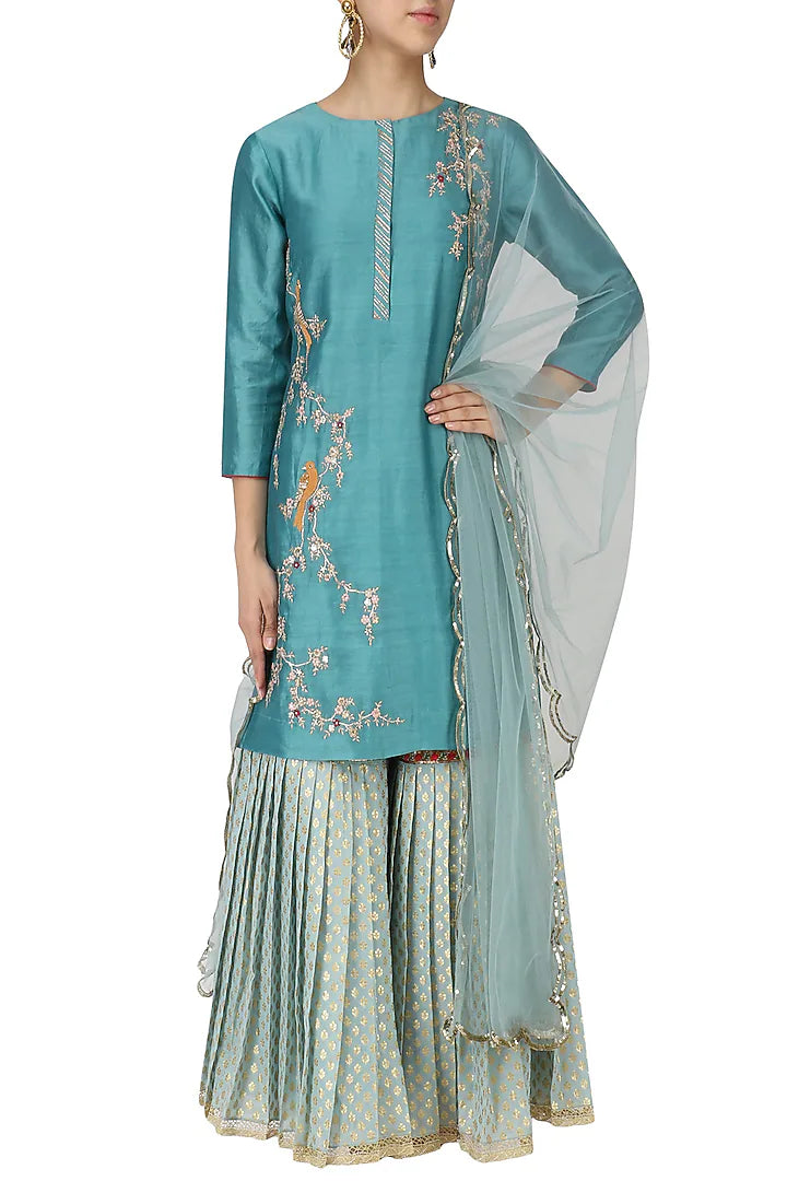 Teal Embroidered Kurta with Light Blue Gharara and Dupatta Set
