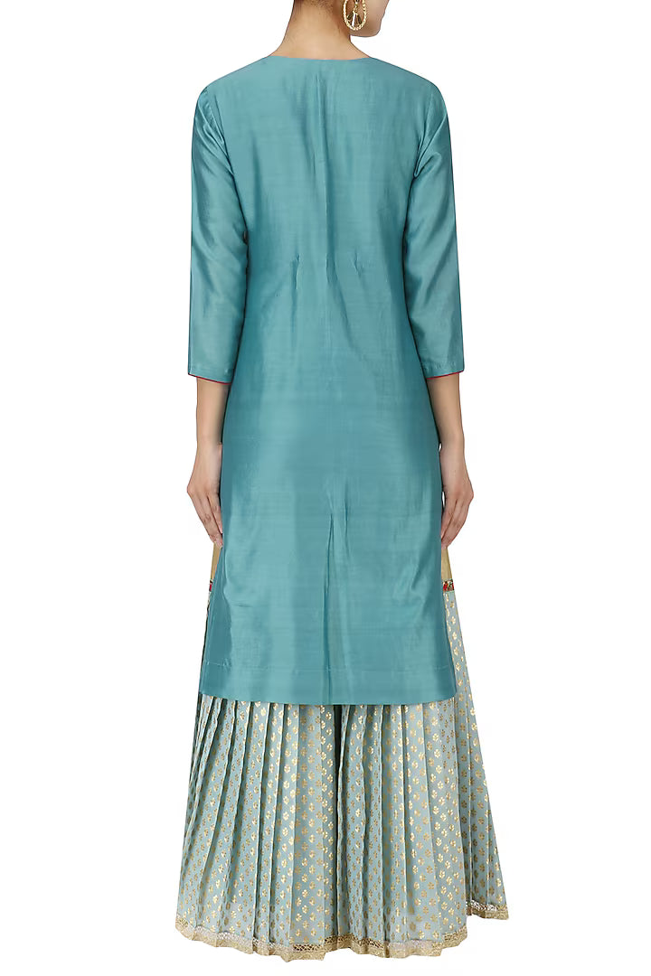 Teal Embroidered Kurta with Light Blue Gharara and Dupatta Set